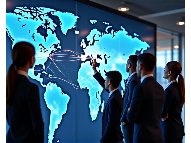 Team collaborating on global logistics map